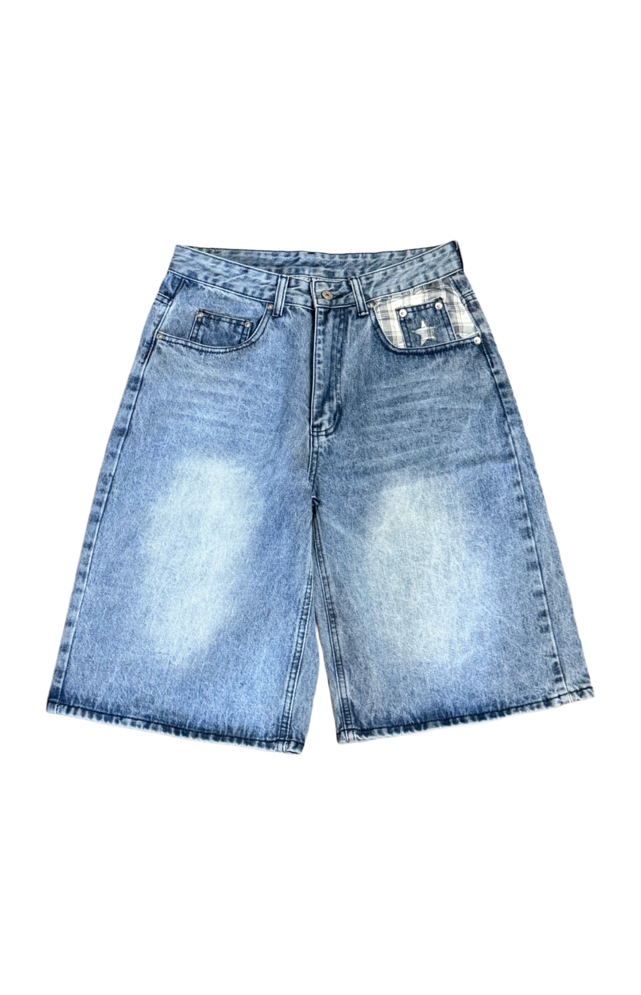 14oz Blue Washed Double Pocket Plaid Jorts