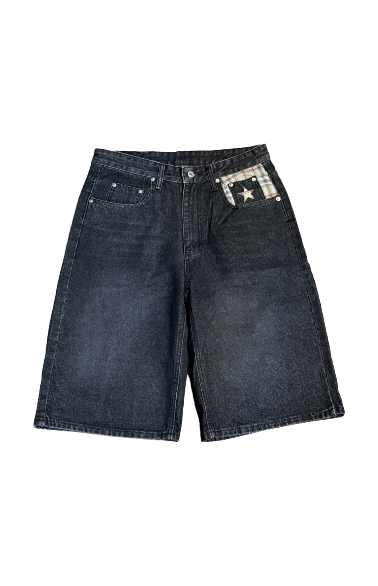 14oz Black Washed Double Pocket Plaid Jorts