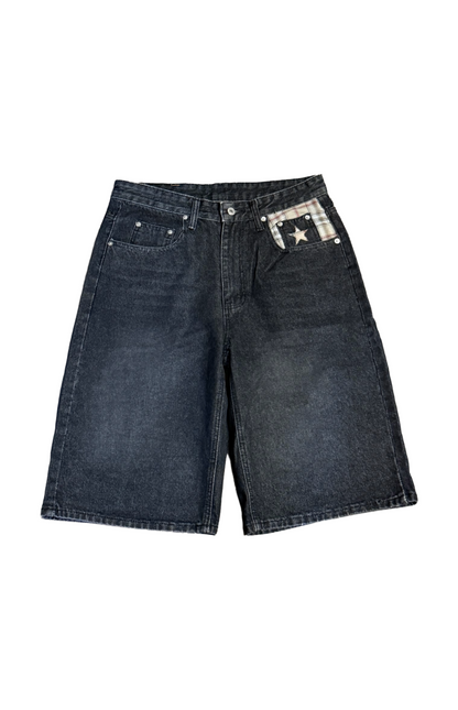 14oz Black Washed Double Pocket Plaid Jorts